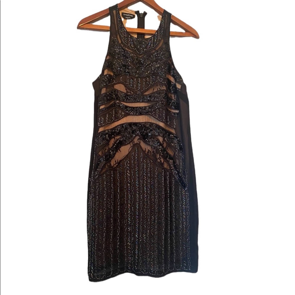 Bebe Black Lace and Beaded Halter Style Dress